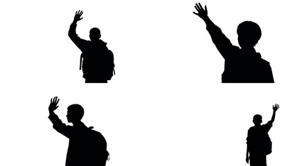 Silhouette waving goodbye students with backpack farewell gesture back view isolated on white background