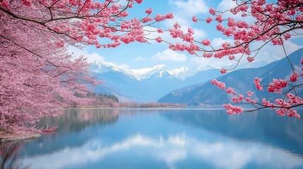 Delicate pink cherry blossoms bordering a serene lake with snow-capped mountains in the distance