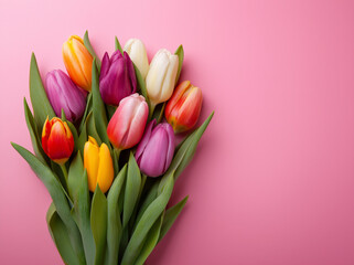 Fototapeta premium Bouquet of colorful tulips on a pink background with copy space, top view. Greeting card for Women's Day and Mother's Day.