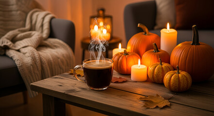 Cozy autumn scene with coffee pumpkins and candles for fall season home decor and thanksgiving day ideas