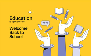 Back to school creative illustration with hands holding notebook, pencil, book, and speech bubble—symbolizing education and learning tools