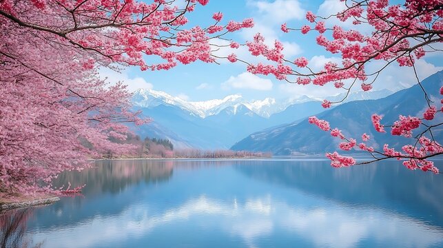 Delicate pink cherry blossoms bordering a serene lake with snow-capped mountains in the distance 