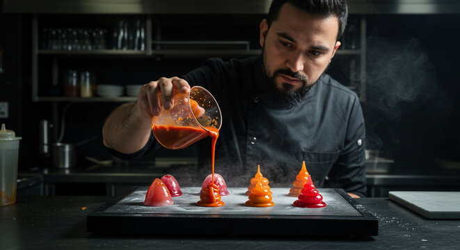 Chef plating gourmet appetizer in a commercial kitchen
