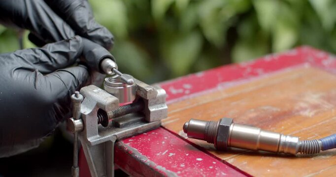 Worker polishes the O2 sensor adapter with a grinder to shape it for a better fit onto a metal pipe before welding.