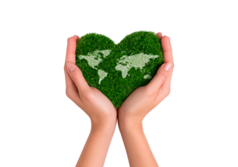 Hands holding earth-shaped grass heart symbolizing global environmental care on transparent background, PNG