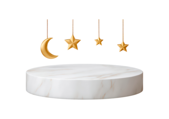 Marble pedestal with hanging gold moon and stars on transparent background, PNG