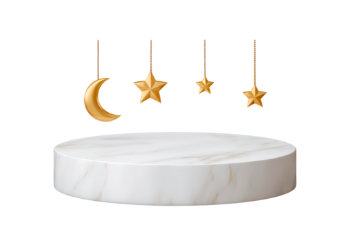 Marble pedestal with hanging gold moon and stars on transparent background, PNG