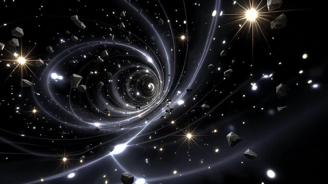 A black hole in the middle of a black background surrounded by asteroids