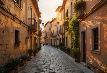 Fototapeta premium A stunning golden-hour photograph of a narrow cobblestone street in an old European town, warm lighting