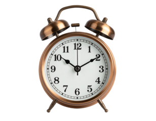Bronze Vintage Alarm Clock Showing Five to Twelve, Front View with Reflective Glass, Transparent Background