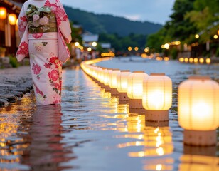 A woman wearing a traditional floral yukata walks beside a lantern-lit river during the Obon Festival in Kyoto, Japan