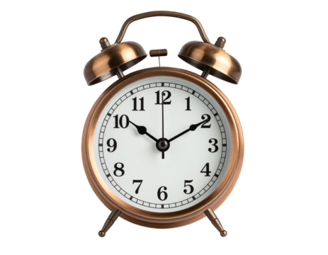 Bronze Vintage Alarm Clock Showing Five to Twelve, Front View with Reflective Glass, Transparent Background