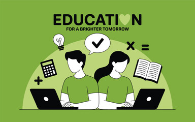 Illustration of students working on laptops surrounded by academic icons with “Education for a Brighter Tomorrow” quote on green background