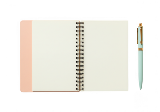 A pastel pink notebook with blank pages and a mint green pen isolated on transparent background