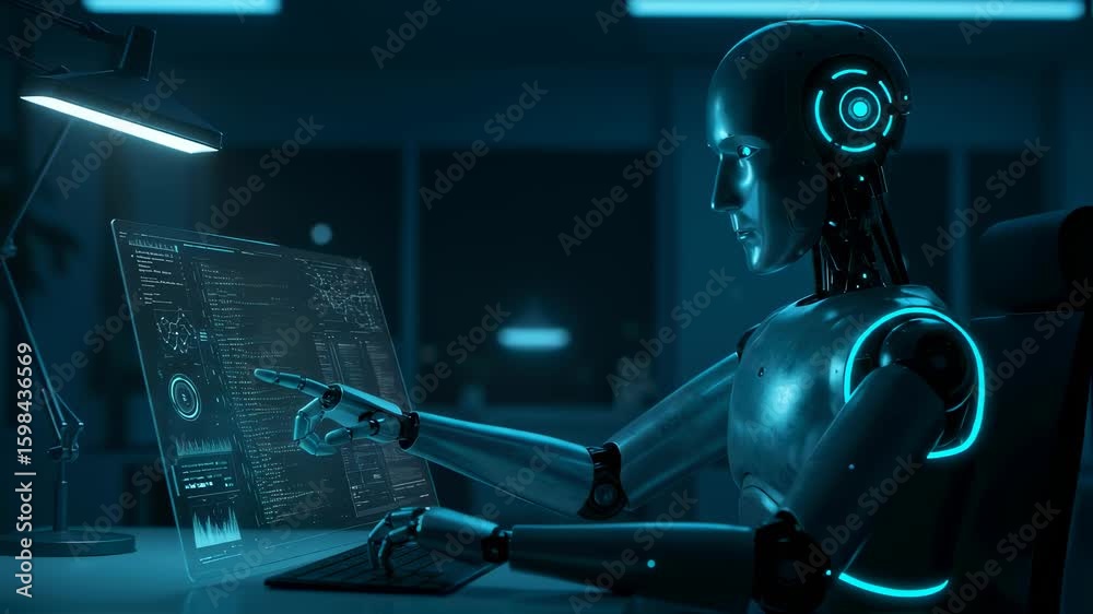 Poster Robot working with visual programming interface. AI intelligence operating at night on computer screen in futuristic office footage.