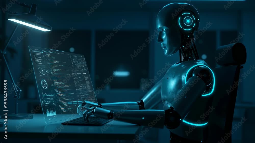 Poster Robot computing at desk with futuristic transparent screen. Artificial intelligence and machine learning concept footage.