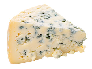 Closeup of a wedge of creamy blue cheese with visible blue veins isolated on a white background