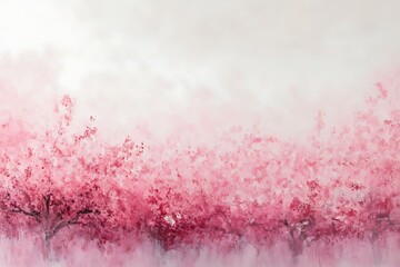 Dense cherry orchard stretching into the horizon, pastel pink blending into soft sky 