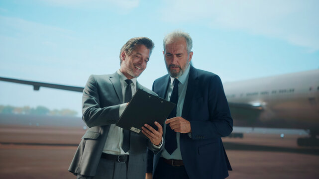 Aircraft engineers discussing maintenance on airport tarmac