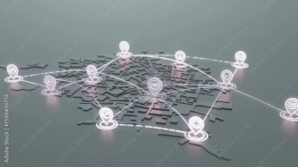 Poster digital map with interconnected pin markers for network visualization. location tracking, global com