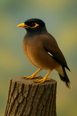 Myna bird perched on a withered tree stump.