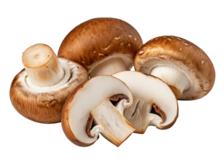 Brown mushrooms sliced and whole displayed on a clean white background, fresh and ready for use