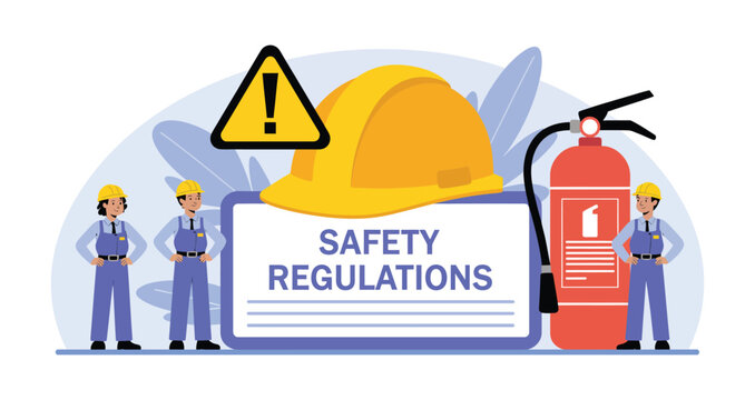 Workplace safety illustration featuring hard hats, fire extinguisher, warning signs, and personnel around a “Safety Regulations” banner