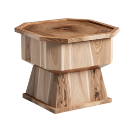 Wooden hexagonal table with distinctive grain patterns and minimalistic design on black background