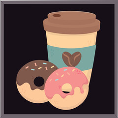 coffee time, takeaway and tasty donuts fresh aroma beverage Vector