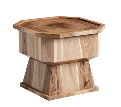Wooden hexagonal table with distinctive grain patterns and minimalistic design on black background