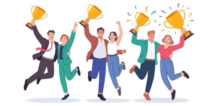 Group of people jumping with trophies and confetti, celebrating achievement, success, and recognition in a vibrant business illustration