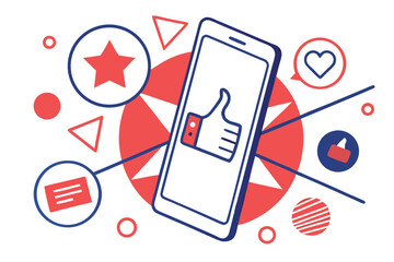 Abstract geometric shapes surround a phone featuring a thumbs up icon on a white background