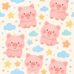 Fototapeta premium Seamless Pattern of Cute Kawaii Baby Pig Crayon Style Illustration