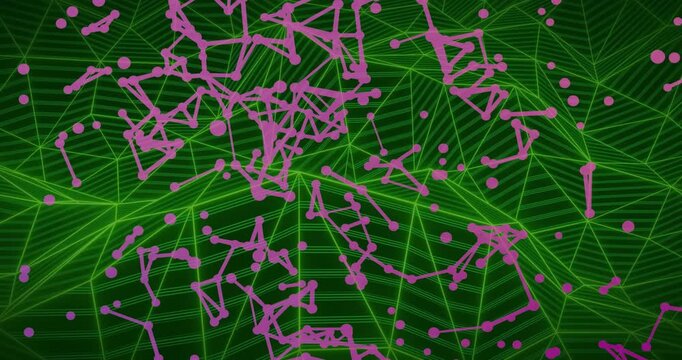 Particles appearing over green grid linking into meshes merging into purple network showing growth