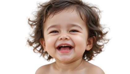 A happy baby with curly hair is smiling broadly showing teeth in a close up shot against black background .