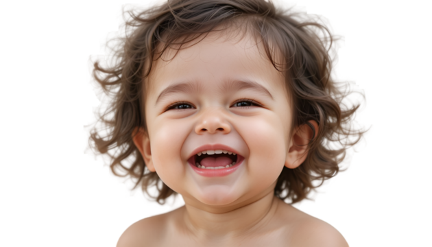A happy baby with curly hair is smiling broadly showing teeth in a close up shot against black background .
