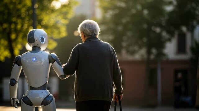 Senior woman walking with an assisting robot hand in hand. Ai technology helping elderly person for future care footage.