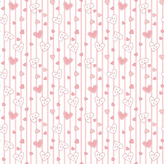 Seamless pattern of hand drawn pink and silver hearts on striped background