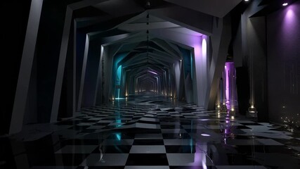 A long hallway with a black and white checkered floor and purple lights