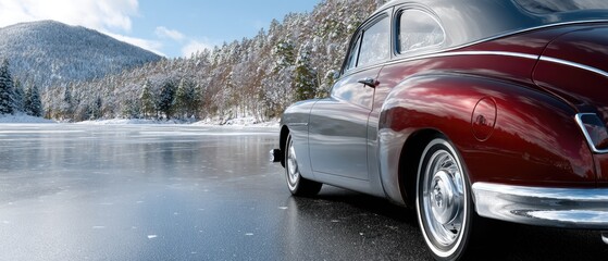 Close-up of a maroon antique car on a frozen lake with majestic mountains and dense forests in the background under clear winter skies