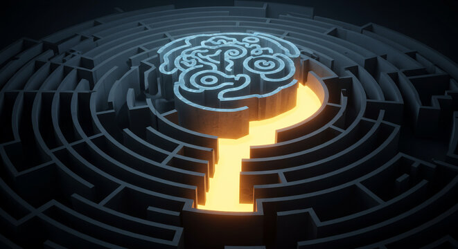 Brain over maze illuminated question mark path - Powered by Adobe