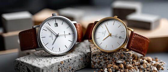 Two luxury watches, one silver and one gold, rest on a concrete surface with a minimalist backdrop, enhanced by soft, natural lighting