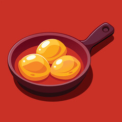 A frying pan filled with melted cheese and golden-brown potatoes, sizzling on a stovetop..eps