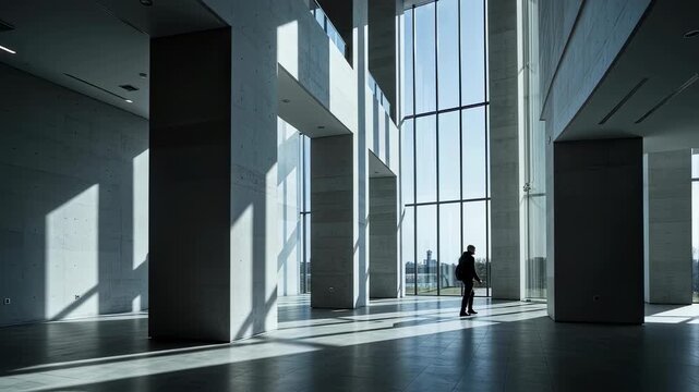 Man walking through modern empty hall with large windows, bright sunlight shadows, and concrete pillars, video footage.