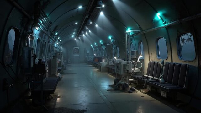A dark room with a bunch of chairs in it