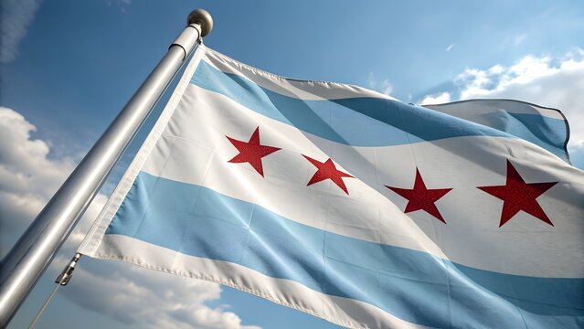 close up of the Chicago flag waving in the wind against a bright blue sky with clouds.