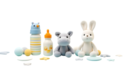  Baby bottle collection with adorable plush toys and pastel accessories