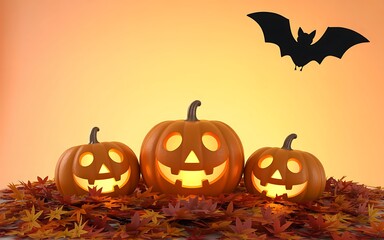 Fototapeta premium Three glowing jackolanterns sit on a pile of autumn leaves with a bat silhouette