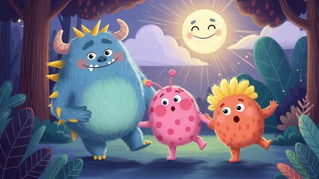 Cute colorful monsters dancing in a magical forest sunshine.