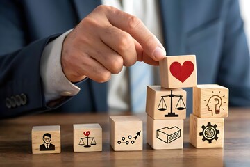 Businessman stacking wooden blocks with icons representing personal growth justice and innovation